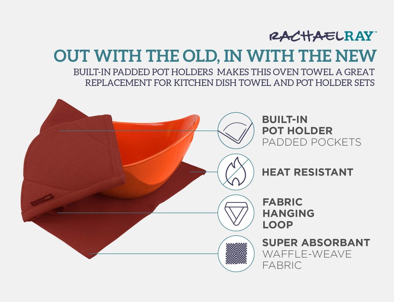 Rachael Ray Moppine Towel - 2-in-1 Kitchen Towel and Pot Holder with 2 Heat Resistant Pockets to Grip Hot Cookware, Bakeware - Absorbent Kitchen Towels Perfect for Drying Dishes and Hands, Brick Red - Image 3